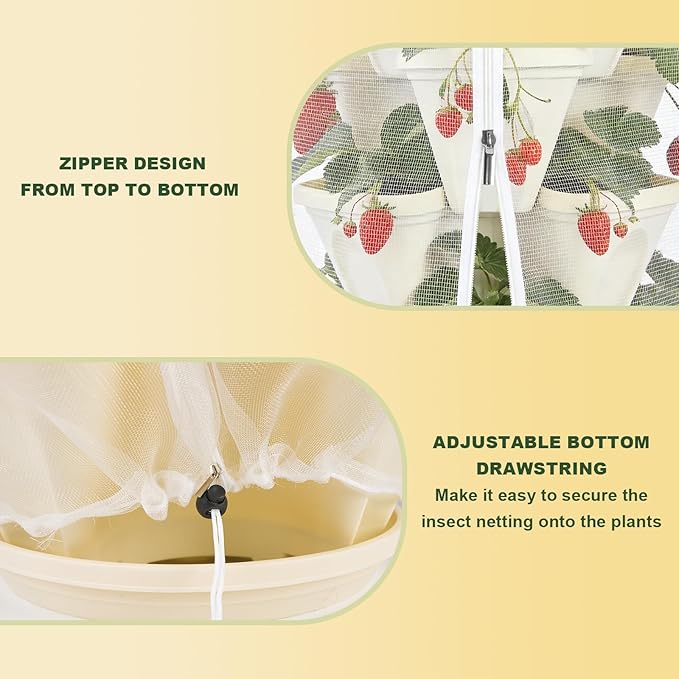 3Pack 41" x 20" Vertical Strawberry Pot Netting, Plant Pot Insect Netting with Zipper & Drawstring, Stackable Bird Barrier Planter Pot Garden Net Round Cover for Strawberry Fruit Vegetable from Animal