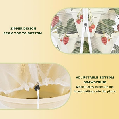 3Pack 41" x 20" Vertical Strawberry Pot Netting, Plant Pot Insect Netting with Zipper & Drawstring, Stackable Bird Barrier Planter Pot Garden Net Round Cover for Strawberry Fruit Vegetable from Animal