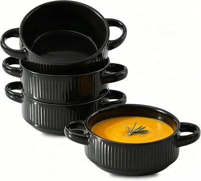 Soup Bowls with Handles, 23 oz French Onion Soup Crocks, Stackable Soup Bowl Oven Safe for Chili, Beef Stew, Embossment Ceramic Bowl Set - 5.4 Inch, Set of 4,Black