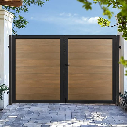 Wood Plastic Privacy Double Fence Gate 6ft(H) x 10ft(W), Metal Frame with Knob Kits, Durable Composite Outdoor Gate,Brown