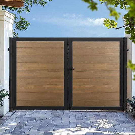 Wood Plastic Privacy Double Fence Gate 6ft(H) x 10ft(W), Metal Frame with Knob Kits, Durable Composite Outdoor Gate,Brown