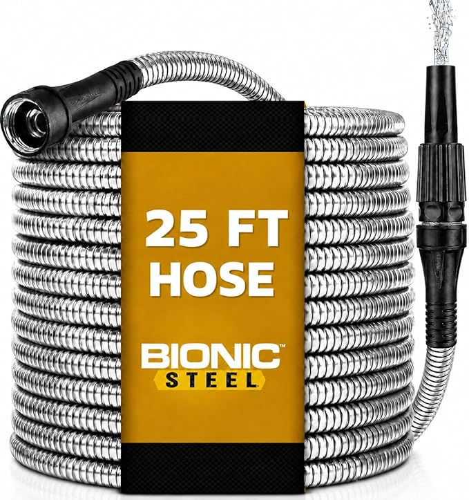 Bionic Steel 25 Ft Metal Garden Hose with Nozzle, 25Ft x 5/8 In. Premium 304 Stainless Steel Metal Water Hose, Flexible Non Kinking, Lightweight, Heavy Duty, for Yard, Outdoor