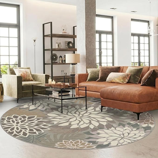 6x6 Outdoor Area Rug Washable Multicolored Patio Rug Tropical Botanical Floral Chenille Waterproof Outdoor Carpet for Living Room, Deck, Backyard, Porch, Taupe