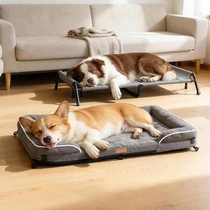 Lekereise Raised Outdoor Medium Dog Bed Cot + Orthopedic Indoor Dog Sofa Bed, 2-in-1 Design,39 x 29 Inch Cooling Elevated Puppy Bed with Egg-Crate Orthopedic Foam Load 70lbs