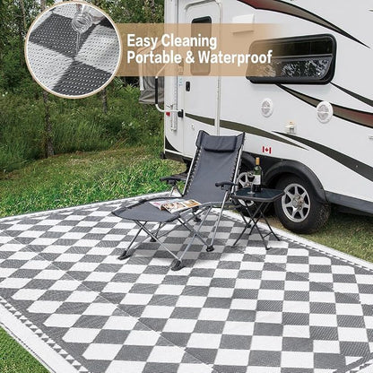 HUGEAR Outdoor Waterproof Rug 8'x10' Plastic Straw Rugs Washable Reversible Floor Mat Grey Plaid Carpet for Camping RV Deck Entryance Porch Picnic Balcony Beach Backyard