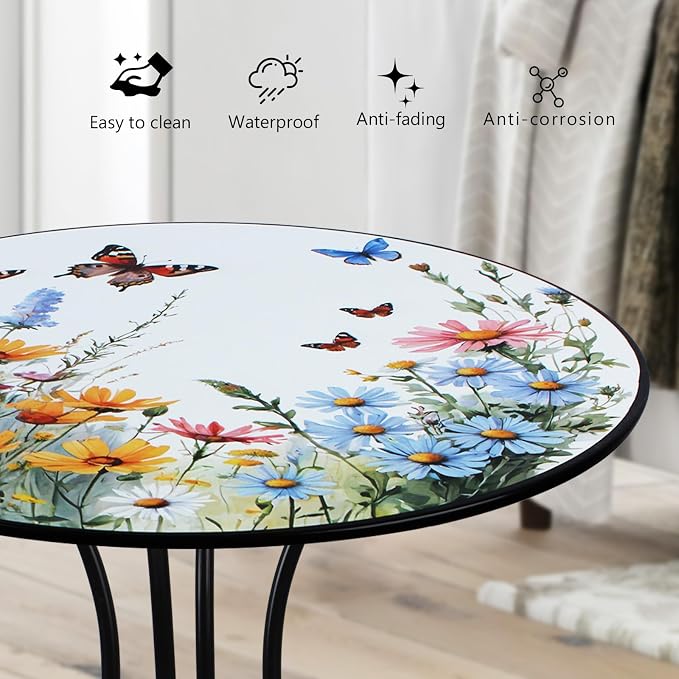 Outdoor Side Table, Flower & Butterfly Round Accent Table, Metal Indoor Small End Tables, 18" Plant Stand Tables for Patio Balcony Garden Bedside