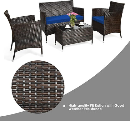 HAPPYGRILL 4 Pieces Patio Sofa Set Rattan Wicker Furniture Patio Conversation Set with Cushioned Sofa and Coffee Table for Outdoor Backyard Garden Poolside
