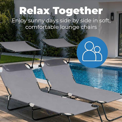 Folding Outdoor Set of 2 Lounge Chairs with Canopy - Portable & Adjustable Beach Lounge Chair - 5-Positions, Carry Handles, 600D Fabric, 220 lbs Capacity – Tanning Chaise Lounge for Beach, Patio, Lawn