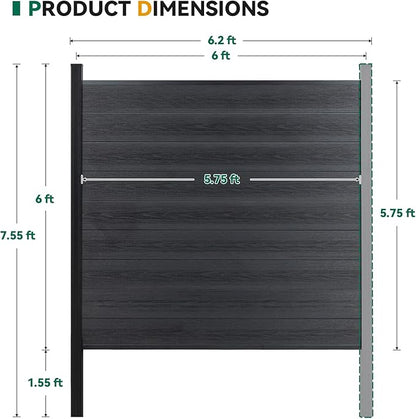 Mondaria Privacy Fence for Outside, 6ftx6ft Outdoor Privacy Panels with In-ground Post, Wind Resistant Wood Plastic Composite Fencing for Patio, Backyard, Garden and Swimming Pool (Black with 1 Post)