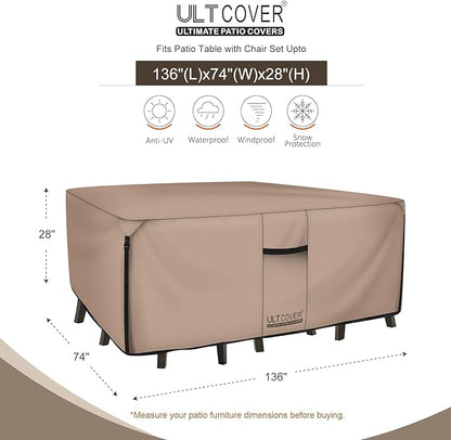 ULTCOVER Rectangular Patio Heavy Duty Table Cover - 600D Tough Canvas Waterproof Outdoor Dining Table and Chairs General Purpose Furniture Cover Size 136L x 74W x 28H inch