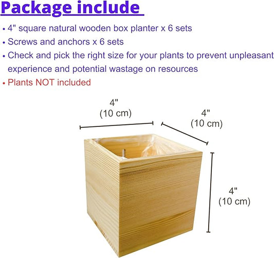 LaLaGreen Wooden Planter Box for Plants (4x4 Inch, 6 Pack) Small Square Wall Planters for Indoor Plant, Natural Wood Hanging Flower Boxes Herb Planter Table Centerpiece Modern Home Garden Office Decor