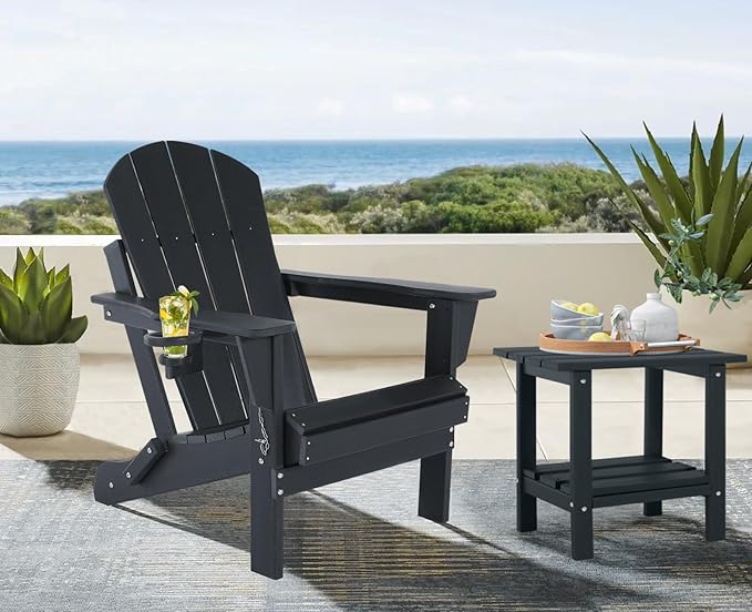 Folding Adirondack Chairs - Plastic Adirondack Chair with Cup Holder, Outdoor Chairs Weather Resistant for Outside, Patio, Lawn, Garden, Backyard Deck, Fire Pit - Black