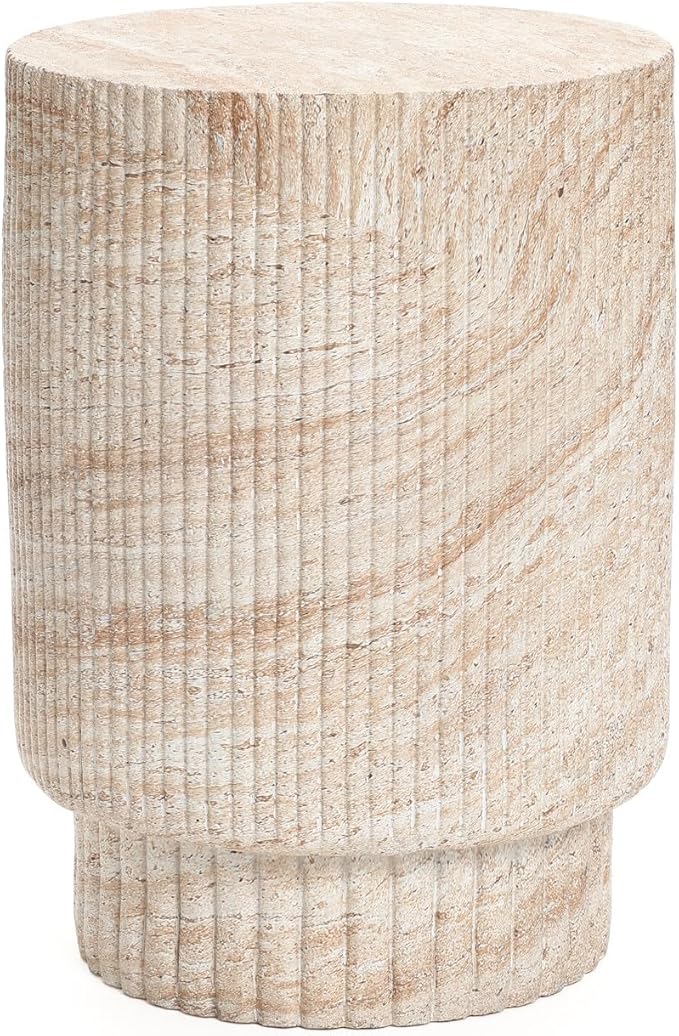 LuxenHome Outdoor Accent Side Table, 18'' Travertine-Style Outdoor Furniture, Round with Ribbed Cement End Table for Patio Backyard Balcony, Modern Coffee Furniture Gift
