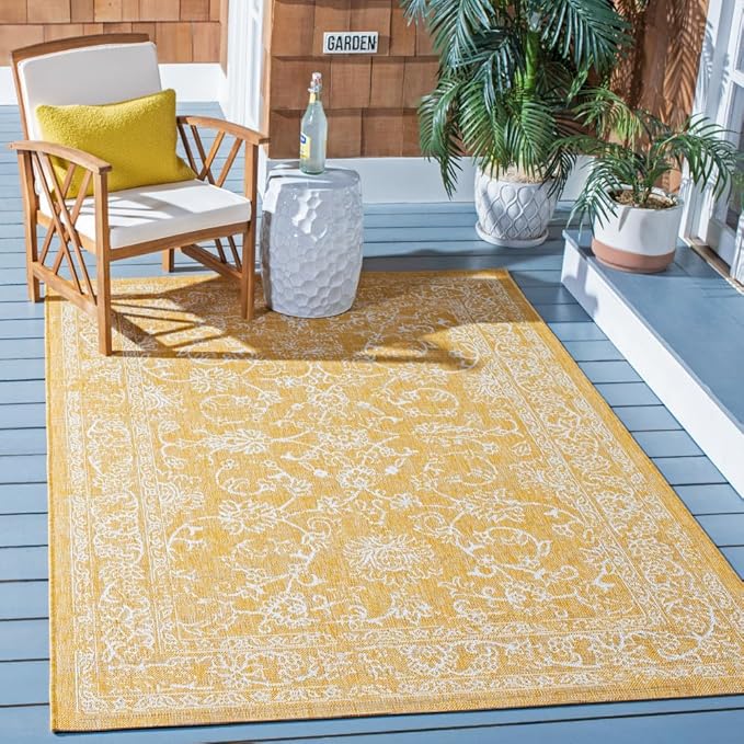 SAFAVIEH Washable Rug Outdoor Courtyard Collection - 5'3" x 7'7", Gold & Ivory, Non-Shedding & Easy Cleaning, Ideal for Patio, Backyard, Mudroom (CY8680-56021)