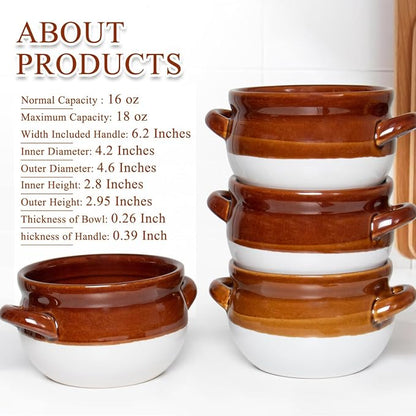 Vumdua Soup Bowls with Handles, 16 Oz Ceramic French Onion Soup Bowls (Brown)