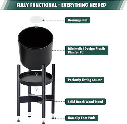 D'vine Dev Planter Pot with Stand - 10 Inch Plastic Cylinder Flower Pot with Wood Planter Holder for Indoor, Matte Black Pot + Ebony Stand, 55-C-N-2