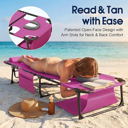 Flamaker Oversize Face Down Chaise Lounge Chair, 27 Inch WideFoldable Outdoor Patio Chair, 5-Position Adjustable Tanning Chairwith Face& Arm Holes for Sunbathing, Pool, Beach, Lawn (Pink, 1Pcs)