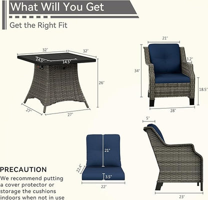 3-Piece Wicker Patio Furniture Set, 2 Armchairs and 1 Fire Pit, Conversation Set with Cushions, Blue