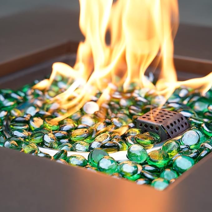 onlyfire Flat Fire Glass Beads for Propane Fire Pit, 1/2 Inch Reflective Firepit Glass Rocks 10 Pounds Flat Marbles for Gas Fireplace and Fire Pit Table, Emerald Green
