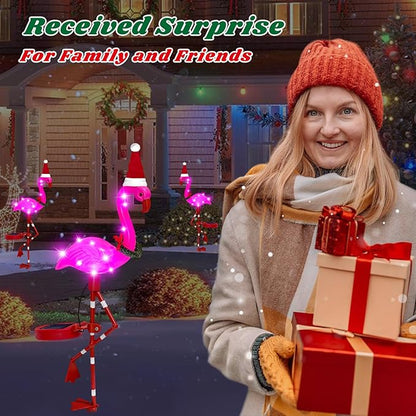 Solar Outdoor Lights Christmas Decor, Solar Xmas Flamingo Lights Waterproof Garden Decor, Flamingo Stake Lights for Yard Pathway Patio Festive Decoration-2 Pack