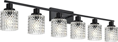 MELUCEE 6 Lights Bathroom Lighting Fixtures Over Mirror Black with Hammered Glass Shade, Vanity Light Indoor Wall Mounted Lamp for Bathroom Bedroom Kitchen