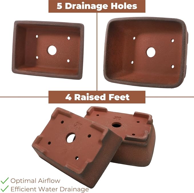 2 Pack Ceramic Bonsai Pots with Drainage Tray, 6" and 7" Unglazed Rectangle Bonsai Tree Planters, Bonsai Training Pots, Succulent Cactus Planter with Drainage Hole for Outdoor Indoor, Brown