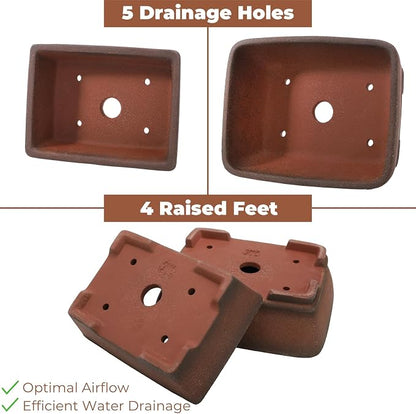 2 Pack Ceramic Bonsai Pots with Drainage Tray, 6" and 7" Unglazed Rectangle Bonsai Tree Planters, Bonsai Training Pots, Succulent Cactus Planter with Drainage Hole for Outdoor Indoor, Brown