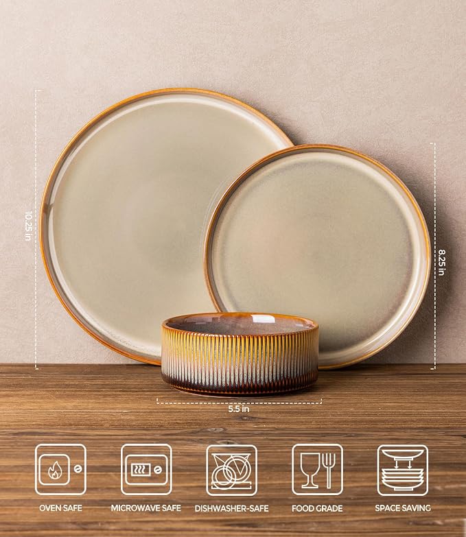 TheTerra Ceramic Dinnerware Sets for 8, 24 Pieces Porcelain Lightweight Plates and Bowls Sets, Scratch Resistant Dish Set, Oven & Microwave & Dishwasher Safe, Creamy Amber