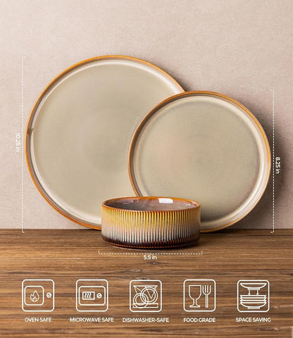 TheTerra Ceramic Dinnerware Sets for 4, 12 Pieces Porcelain Lightweight Plates and Bowls Sets, Scratch Resistant Dish Set, Oven & Microwave & Dishwasher Safe, Creamy Amber