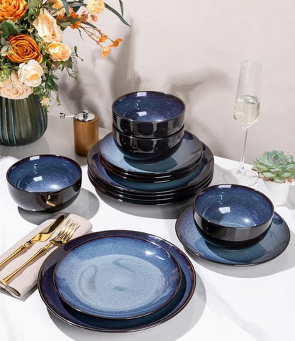 LERATIO Ceramic Dinnerware Sets for 4,16-Piece Reactive Glaze Plates and Bowls Set with Mugs,Highly Chip and Crack Resistant | Dishwasher,Microwave & Oven Safe Dishes set-Blue