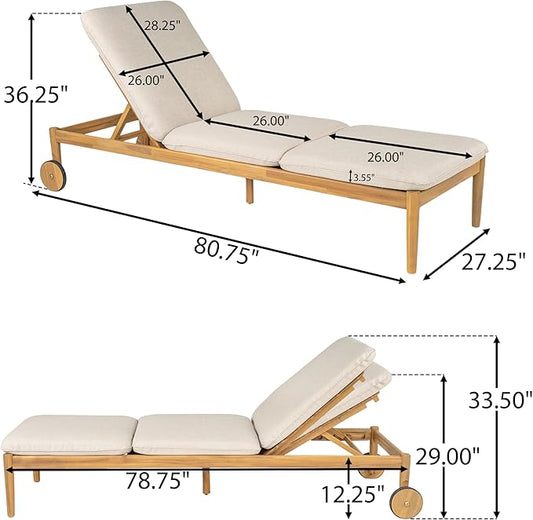 Christopher Knight Home Riviera Acacia Wood Chaise Lounge Chair Outdoor Set of 2, Wooden Patio Outdoor Chaise Lounge with Wheels and Cushions, Adjustable Backrest Single Lounge Sofa, Light Teak+Beige