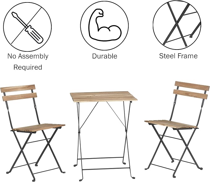 Folding Patio Bistro Set – 3-Piece Acacia Wood and Steel Café Table and Chairs for Porch, Deck, Garden, or Balcony Furniture by Lavish Home (Brown)