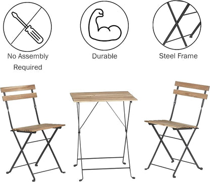 Folding Patio Bistro Set – 3-Piece Acacia Wood and Steel Café Table and Chairs for Porch, Deck, Garden, or Balcony Furniture by Lavish Home (Brown)
