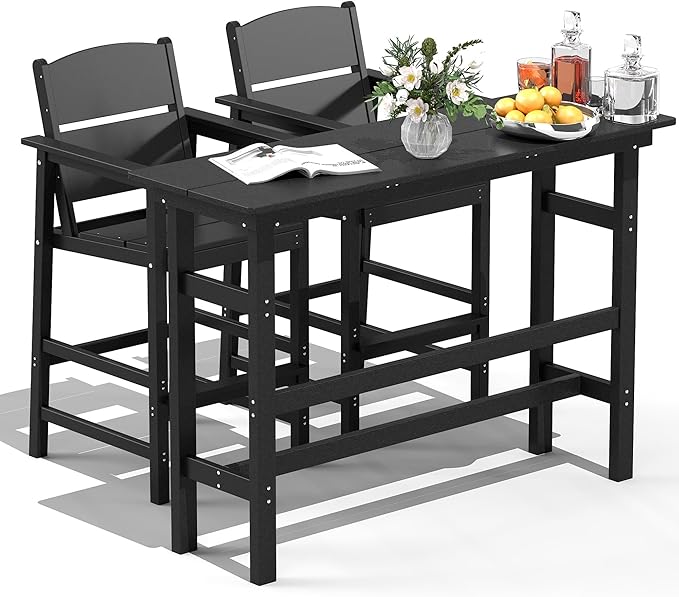 FOOWIN 3 Piece Outdoor Bar Height Table and Chairs, All Weather HDPE Patio Bar Set Outdoor Bistro Set,Adirondack Bar Chairs Set of 2 Outdoor Furniture for Bistro, Poolside, Backyard Black