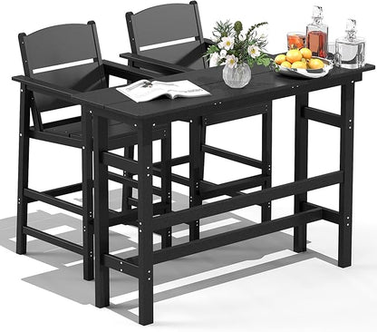 FOOWIN 3 Piece Outdoor Bar Height Table and Chairs, All Weather HDPE Patio Bar Set Outdoor Bistro Set,Adirondack Bar Chairs Set of 2 Outdoor Furniture for Bistro, Poolside, Backyard Black