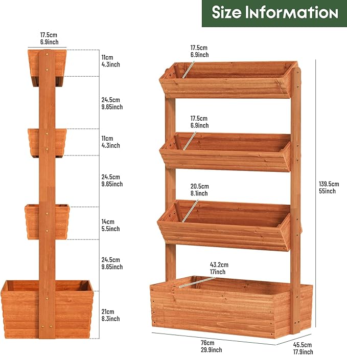Vertical Wooden Raised Garden Bed, Garden Planters Freestanding Wood Plant Stand Flower Rack Wooden Planter Box for Plants Herbs Flowers Vegetables Outdoor Indoor Gardening (4-Tier Brown)