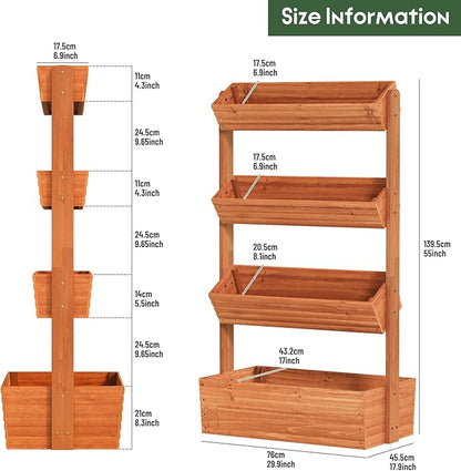 Vertical Wooden Raised Garden Bed, Garden Planters Freestanding Wood Plant Stand Flower Rack Wooden Planter Box for Plants Herbs Flowers Vegetables Outdoor Indoor Gardening (4-Tier Brown)