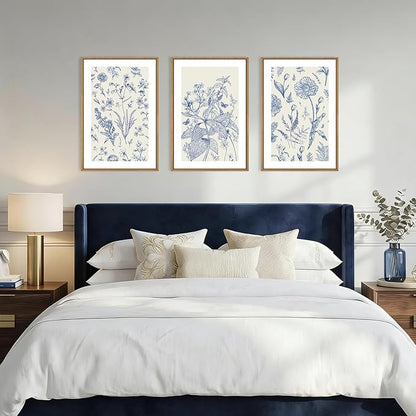KAIRNE Navy Blue and White Floral Framed Canvas Wall Art Set,Chinoiserie Flower Wall Decor,Watercolor Botanical Art Prints,Modern Wildflower Artwork for Living Room,Bedroom,Farmhouse,Office-16 x24 x3