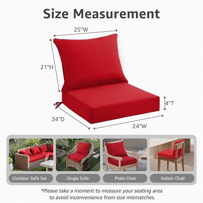 PatioGlow Outdoor Seat Cushion Set 24 x 24 x 4 Inch, Waterproof & Fade Resistant Patio Furniture Cushions with Removable Cover and Ties, Thick Deep Seating Pads for Outside Chair Sofa Couch, Red