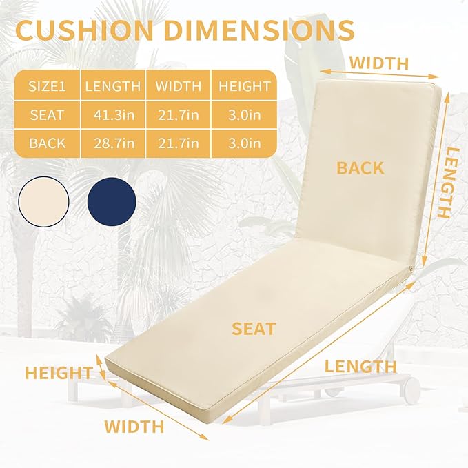 Outdoor Chaise Lounge Cushions for Patio, 72"x22"x3" Lounge Chair Cushions, Waterproof Replacement Seat Cushions for Outdoor Furniture