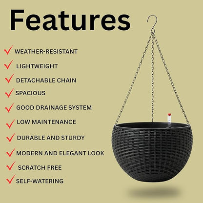 LaLaGreen Indoor Hanging Planter (11 Inch, 1 Pack) Self-Watering Round Basket with Water Level Indicator, Rattan Style Flower Pot Black Metal Chain for Deck Porch Patio Garden Balcony Outdoor Decor