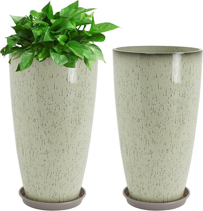 Neoaider Set of 2 Lightweight Ceramic-Look Tall Planter, 21 inch Large Plastic Planter with Drain Hole & Saucers, Large Outdoor Planters for Porch, Garden, Patio, Balcony(Drip Glaze)