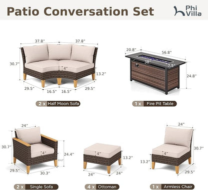 PHI VILLA Half-Moon Patio Furniture Set with 56" Fire Pit Table, Wicker Outdoor Curved Sectional Sofa with Cushions, Ottomans, Single Seats, Large Conversation Seating for Garden or Backyard, Beige