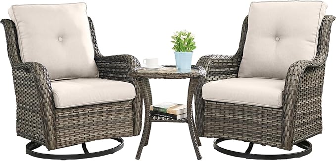 HUMMUH 3-Piece Swivel Rocking Rattan Chair Outdoor, Patio Bistro Furniture Conversation Set, Cushioned Wicker Chair with Glass Side Table(Grey, Beige)