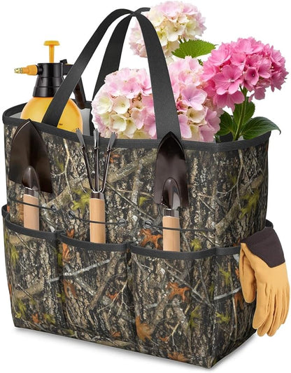 Green Camo Garden Tool Bag - Waterproof Garden Tote with 8 Pockets, Large Storage Home Organizer Gardening Tool Oxford Bag for Garden Tools Kits Holder, Ideal Outdoor Gardening Gift for Women & Men