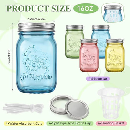 4 Set Colored Hydroponic Mason Garden Jar Bulk 16 oz Self Watering Herb Hydroponic Planter Kit with Planting Baskets Absorbent Cores for Indoor Herb Windowsill Garden Flower Grow Germination