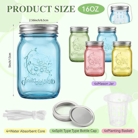 4 Set Colored Hydroponic Mason Garden Jar Bulk 16 oz Self Watering Herb Hydroponic Planter Kit with Planting Baskets Absorbent Cores for Indoor Herb Windowsill Garden Flower Grow Germination