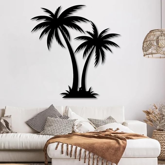 Metal Palm Tree Wall Decor,Large Tropical Palm Tree Outdoor Wall Art for Living Room,Outdoor Wall Decorations for House (70×68 cm/28"×27" in, White)