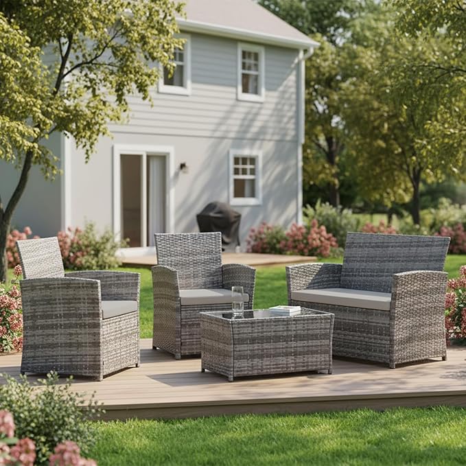FHFO 4 Piece Outdoor Patio Furniture Sets, Wicker Sectional Conversation Sofa Set, Rattan Table and Chairs and Loveseat with Cushions for Outside Balcony Porch Backyard (Gray-Gray)