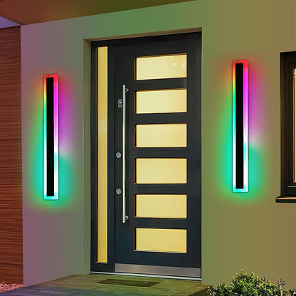 2 Pack Outdoor RGB Wall Sconce, 23.6inch Modern LED Light Fixture, IP65 Waterproof, 10 Colors, 5 Modes, Dimmable with Remote Control, Long Linear Wall Mount Lighting for Garden, Patio, Fence